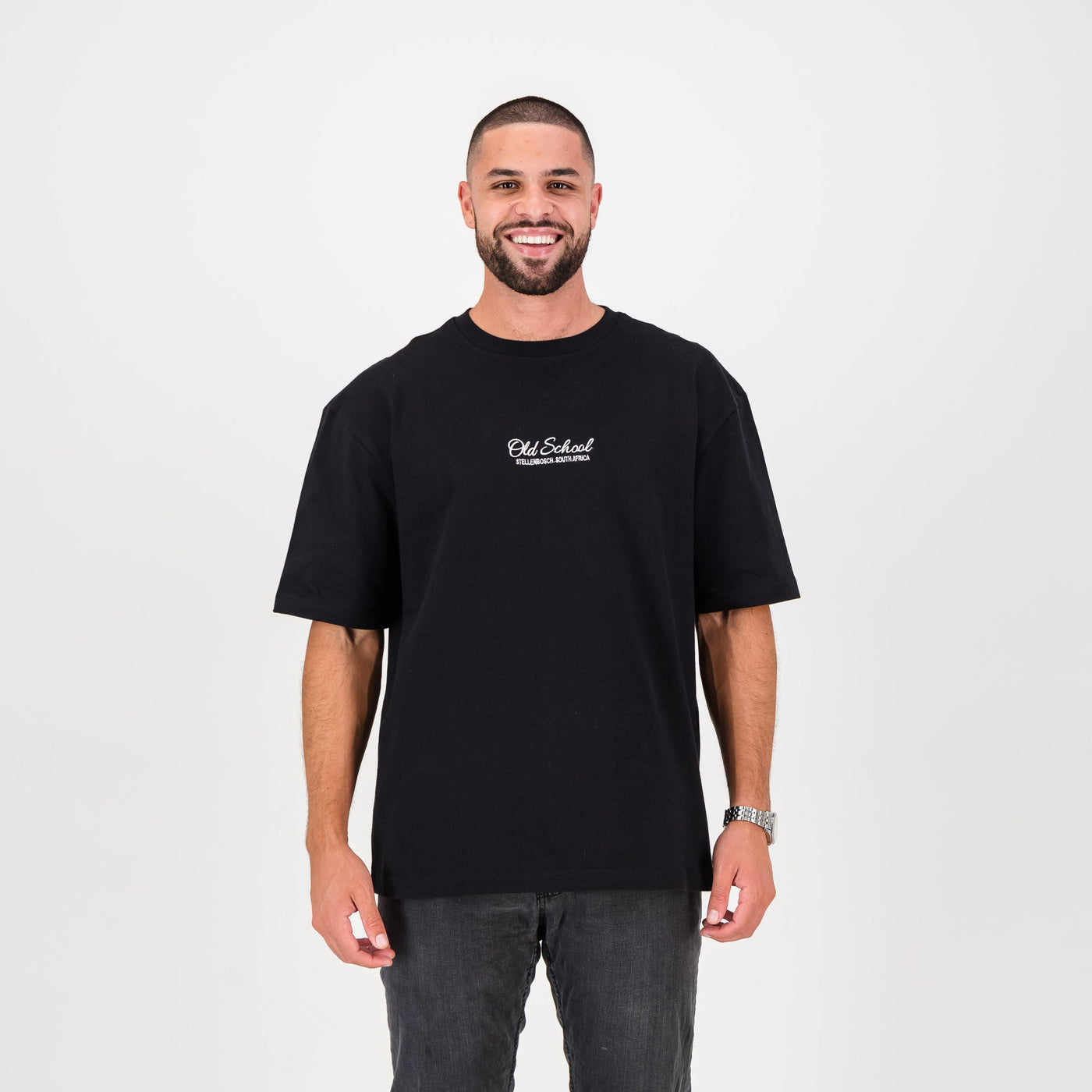 Old School Script Boxy Crew Tee-Black