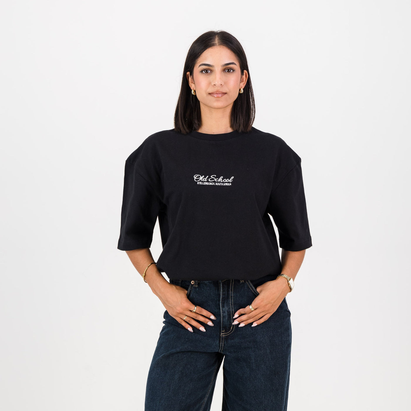 Old School Script Boxy Crew Tee-Black