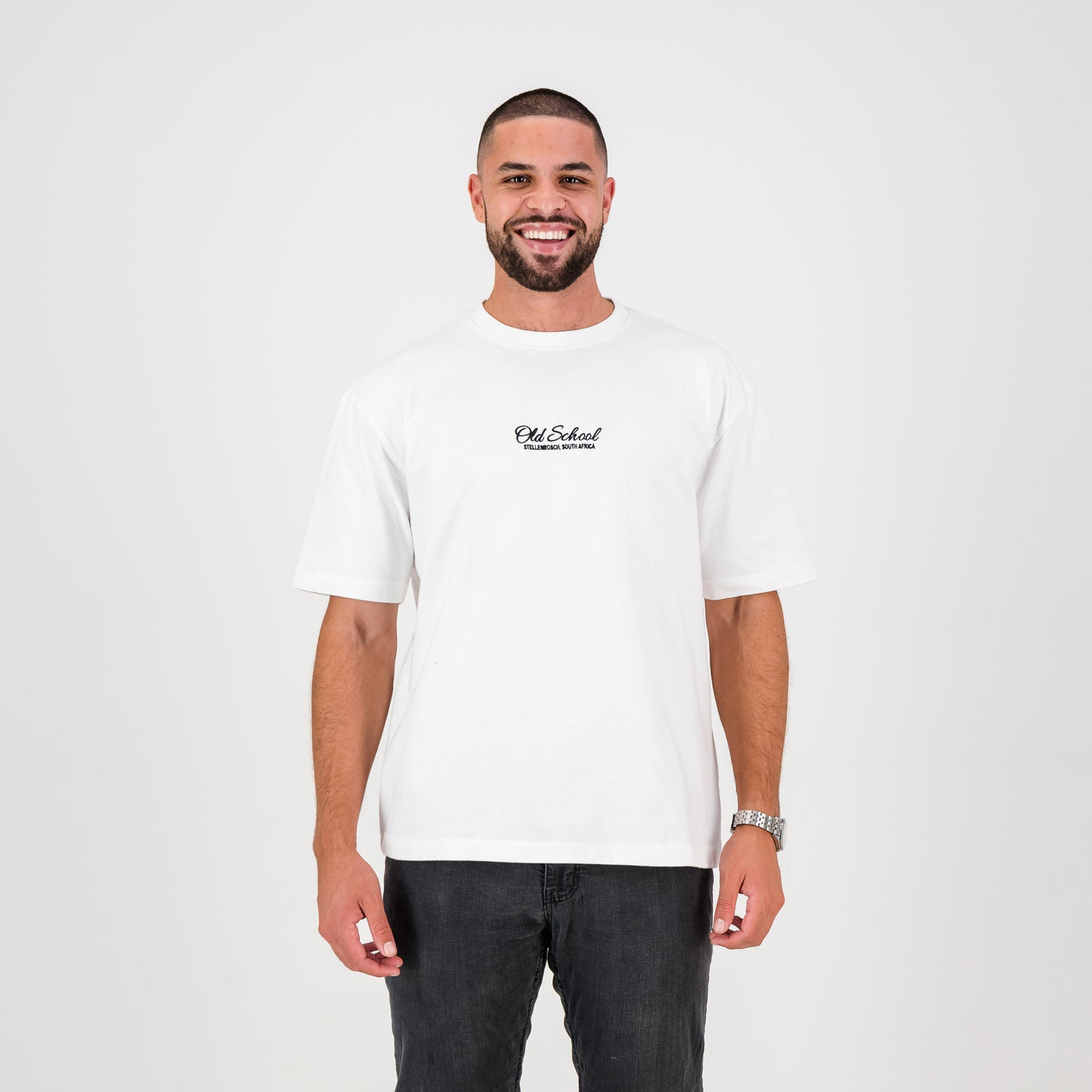 Old School Script Boxy Crew Tee-White