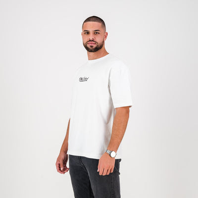 Old School Script Boxy Crew Tee-White