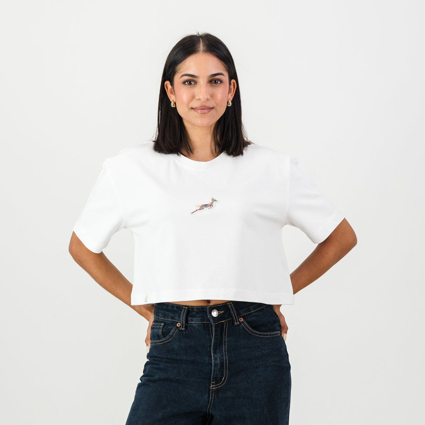 Springboks Pop Badge Ladies Boxy Crew Tee-White