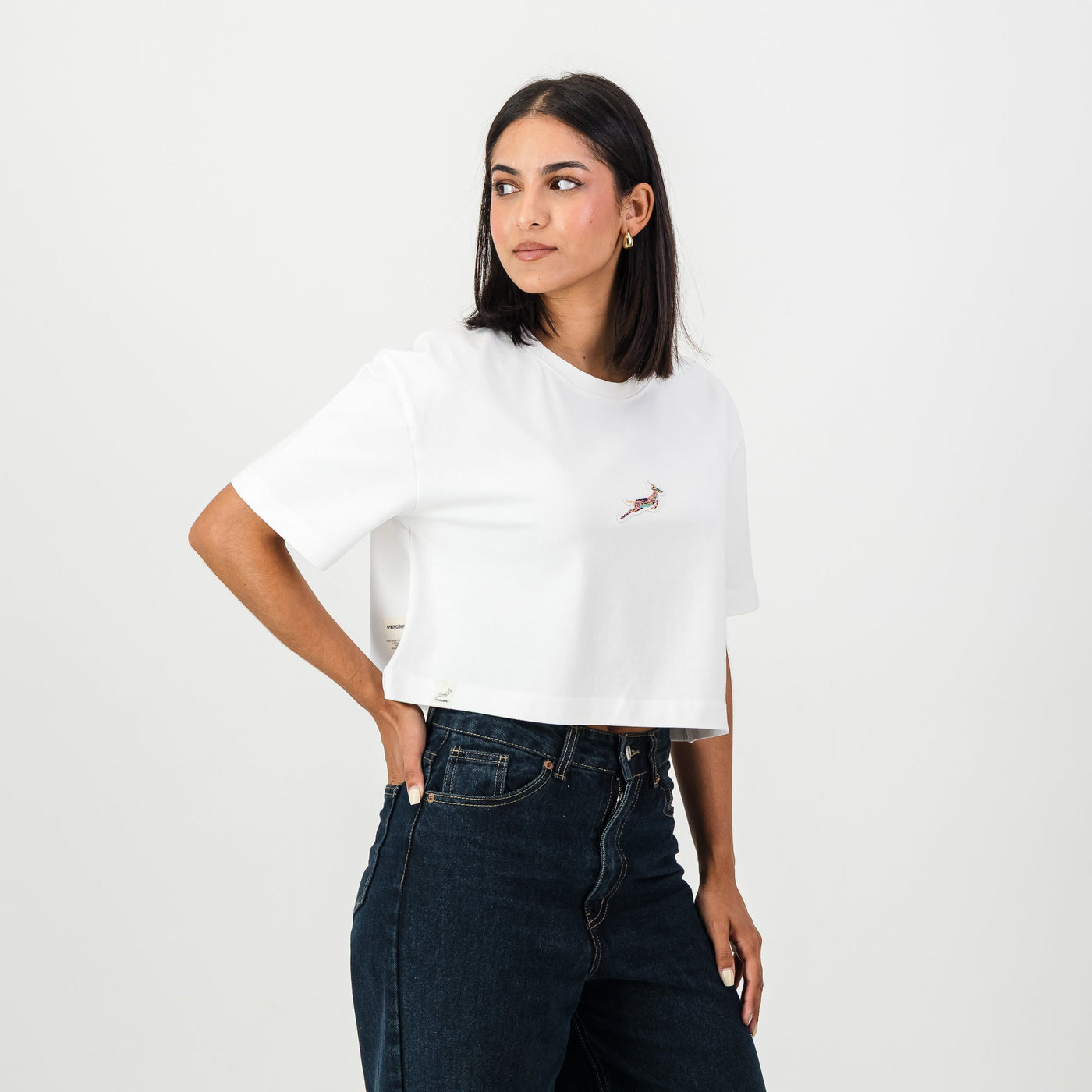 Springboks Pop Badge Ladies Boxy Crew Tee-White